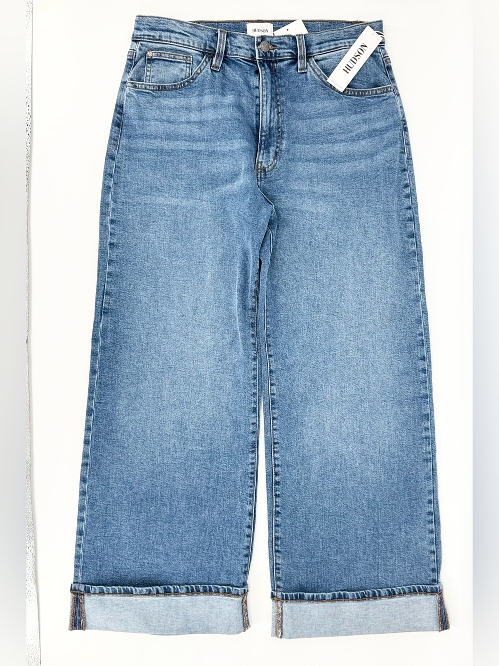 Hudson Jeans Wide Leg Cuffed Jeans in Light Blue Denim - Picture 6 of 14